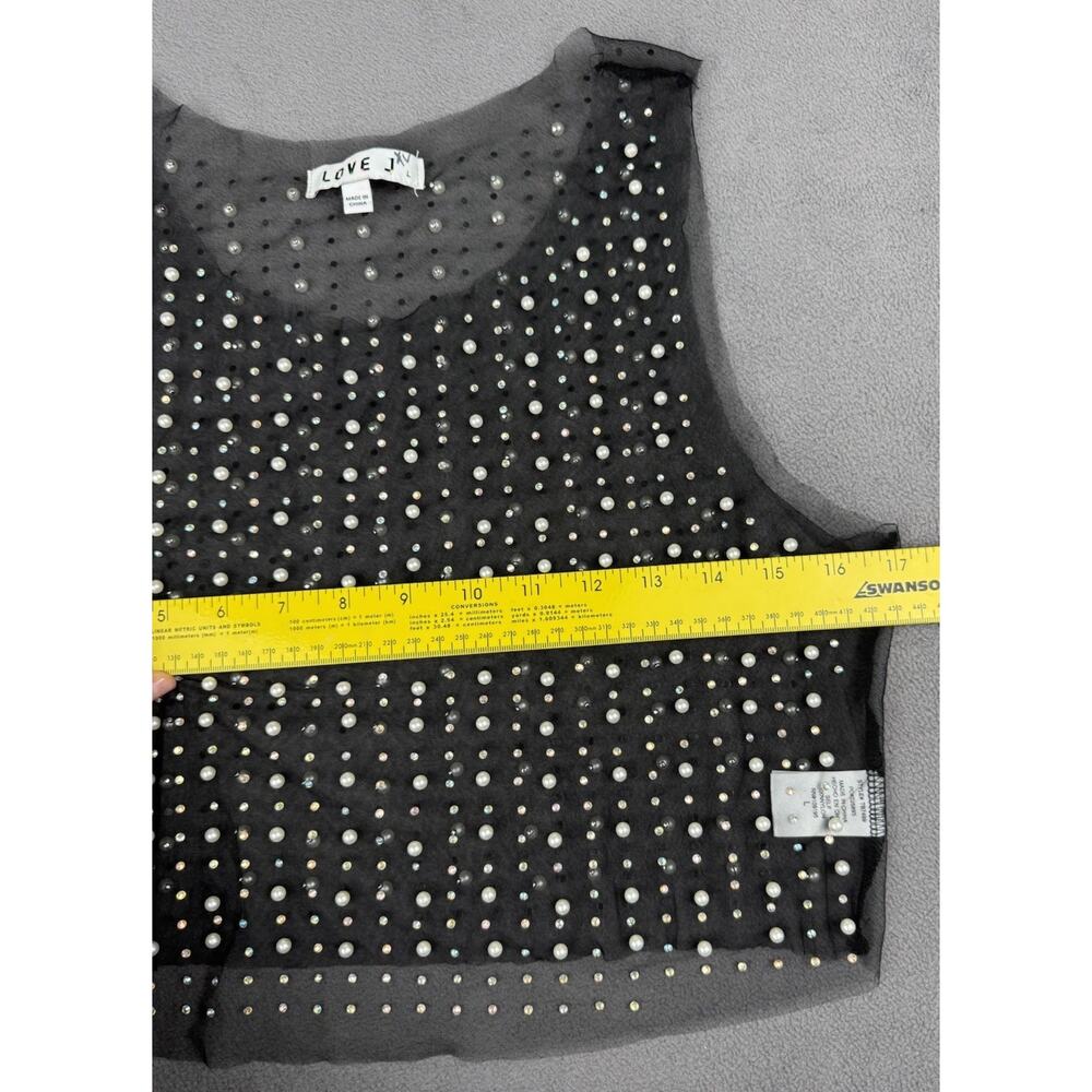 Love J Black Sheer Mesh Pearl Rhinestone Crop Tank Top Y2K Party Size L - Picture 13 of 16